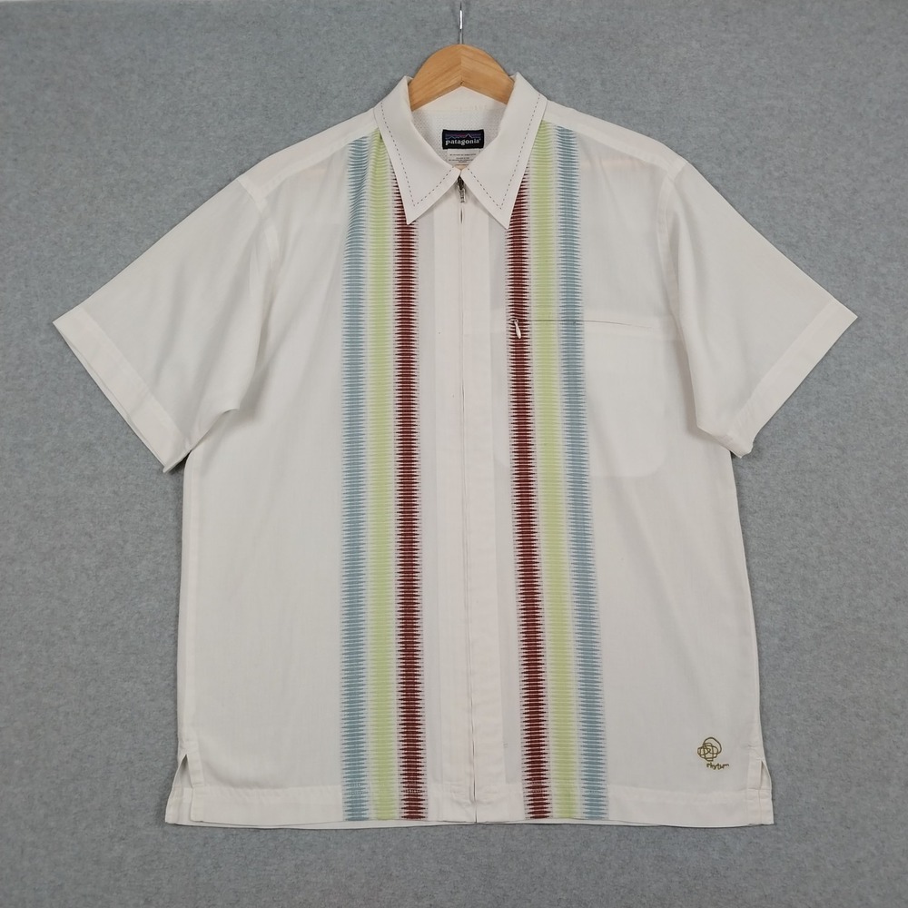 Vintage Patagonia Shirt Mens Small Ivory Striped Rythym Sideburn Retro Zip 90s